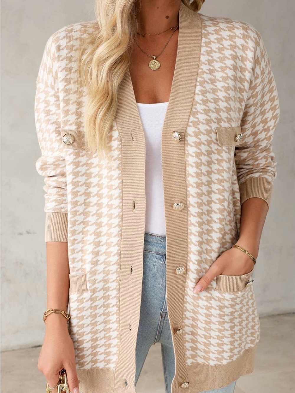 Beige Houndstooth Open Cardigan Sweater